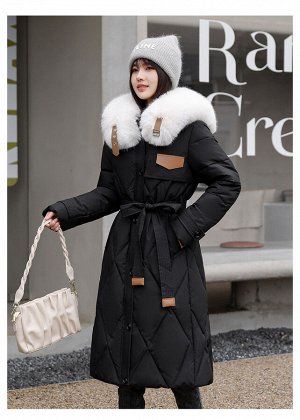 Женская длинная куртка с меховым воротником, цвет черный