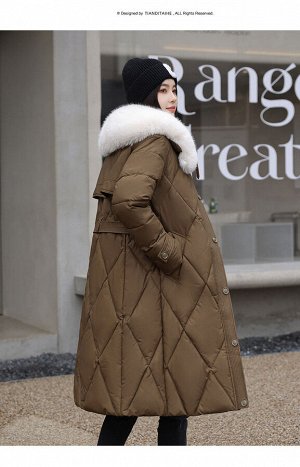 Женская длинная куртка с меховым воротником, цвет коричневый