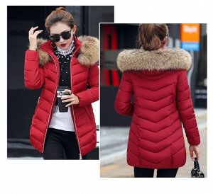 Женская куртка, с меховым воротником на капюшоне, цвет темно-красный
