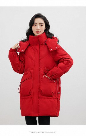 Женская куртка с воротником "стойка", с капюшоном, цвет красный