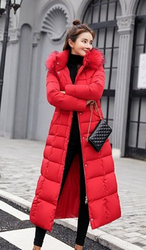 Женская длинная куртка, с меховым воротником, цвет красный