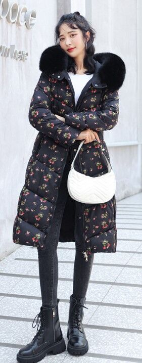 Женская куртка с капюшоном, двухсторонняя, принт "цветы", цвет черный