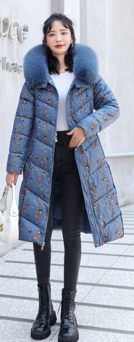 Женская куртка с капюшоном, двухсторонняя, принт "цветы", цвет синий