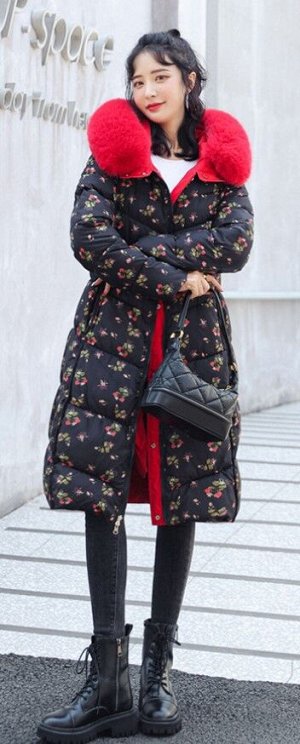 Женская куртка с капюшоном, двухсторонняя, принт "цветы", цвет красный/темно-синий