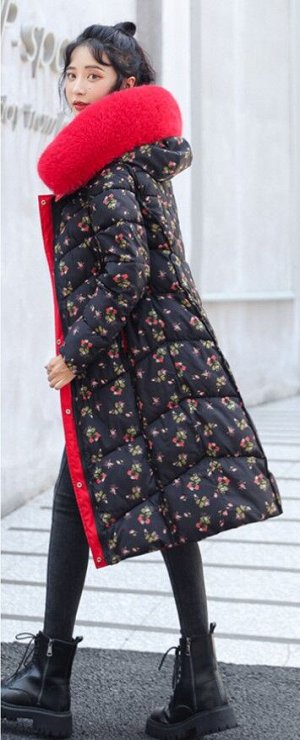 Женская куртка с капюшоном, двухсторонняя, принт "цветы", цвет красный/темно-синий
