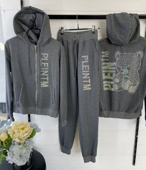 Спортивный костюм унисекс PLEINTM (худи на молнии, джоггеры) серый с голографическим принтом