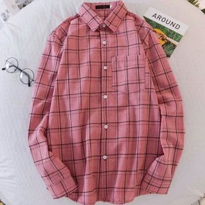 Мужская рубашка с длинным рукавом, клетчатый принт, красно-розовый