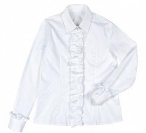 Блуза Блуза для девочки белого цвета. Модель с отложным воротником и длинными втачными рукавами. Манжеты декорированы оборками из кружева застегиваются на 1 пуговицу. Застежка на блузке центральная по