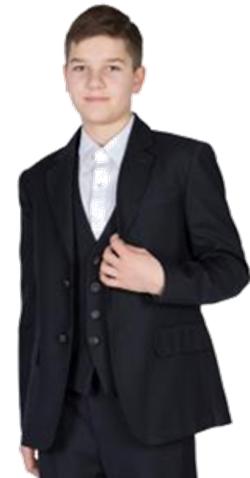 Пиджак Пиджак для мальчика из костюмной темно-синей ткани. Однобортный пиджак классического кроя на 2 пуговицах. Карманы прорезные, с клапанами.Воротник отложной,с петлицей. На рукавах по 4 декоративн