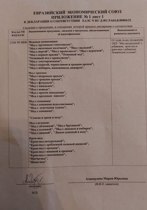 Декларация соответствия на медовые композиции