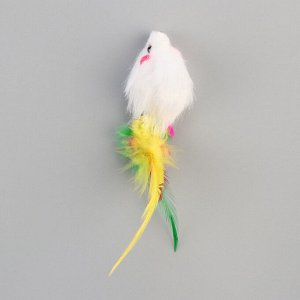 Мышь меховая однотонная с перьями 6,5 см, белая