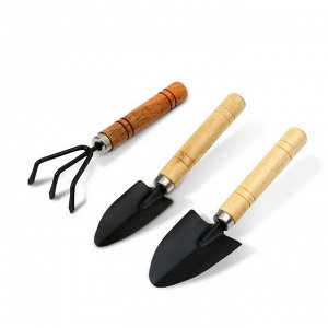 Набор садового инструмента, 3 предмета: рыхлитель, 2 совка, длина 20 см, деревянные МИКС ручки