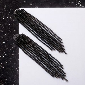 Серьги висячие со стразами «Водопад» домик, чёрные в сером металле,10 см