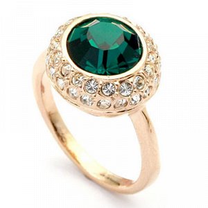 Кольцо Позолоченное розовым золотом 750 пробы (18K Gold Plated) кольцо с большим темно зеленым кристаллом Swarovski Stellux в центре и маленькими блестящими прозрачными кристаллами Swarovski Stellux п