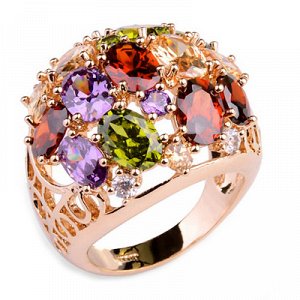 Кольцо Позолоченное розовым золотом 750 пробы (18K Gold Plated) кольцо c супер блестящими многогранными разноцветными фианитами! Цвет Российского золота, один в один, не отличить!