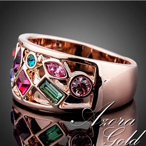 Кольцо Позолоченное розовым золотом 750 пробы (18K Gold Plated) кольцо с разноцветными супер блестящими австрийскими кристалликами Swarovski Stellux, повседневное яркое колечко!