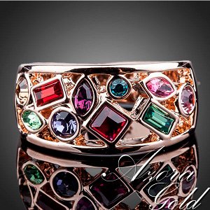 Кольцо Позолоченное розовым золотом 750 пробы (18K Gold Plated) кольцо с разноцветными супер блестящими австрийскими кристалликами Swarovski Stellux, повседневное яркое колечко!