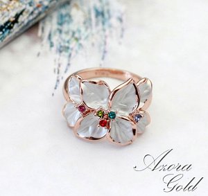 Кольцо Позолоченное розовым золотом 750 пробы (18K Gold Plated) кольцо в виде красивой орхидеи, которая символизирует нежность и чистоту, с рассыпанными цветными австрийскими кристаллами Swarovski Ste
