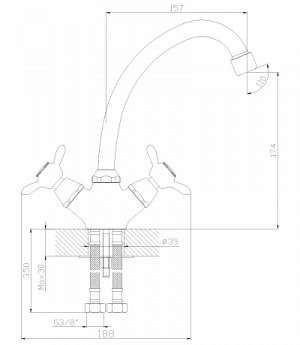 Q02-71 Смеситель для кухни двуручный с поворотным изливом 260 мм, хром