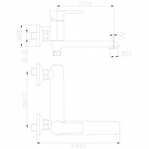 W35-33 Смеситель одноручный (35 мм) для ванны с пл. изл. 170 мм, дивертор с кер. пласт., хром/белый