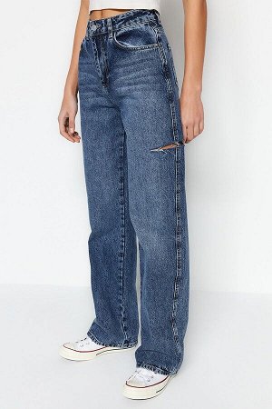 Темно-синие рваные широкие джинсы с высокой талией