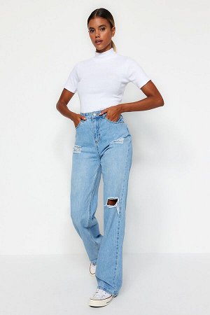 Trendyomilla Голубые рваные широкие джинсы с высокой талией