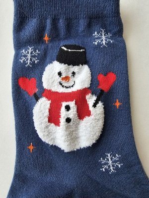 Женские носки новогодние, снеговик, СИНИЕ, высокие. Ю. Корея.