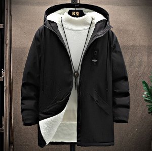 Мужская демисезонная удлиненная куртка с капюшоном, на молнии, утепленная искусственным мехом, черный