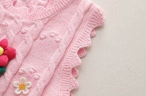 Детский костюм для девочек: вязаный жилет с цветами, рубашка и джинсы с бантиками, цвет белый/розовый/синий