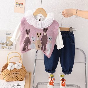 Детский костюм для девочек: вязаный жилет с медведями, рубашка и джинсы, цвет розовый/белый/синий