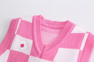 Детский костюм для девочек: жилет в квадрат с вышивкой, рубашка + брюки, цвет розовый/синий
