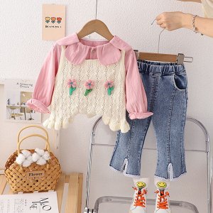 Детский костюм для девочек: вязаный жилет с цветами, рубашка и джинсы, цвет розовый/молочный/синий