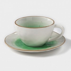 Чайная пара фарфоровая Доляна «Космос», 2 предмета: чашка 250 мл, блюдце d=16 см, цвет зелёный