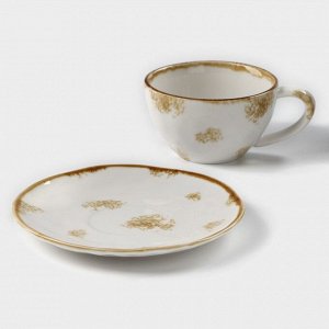Чайная пара фарфоровая Доляна Organic Gold, 2 предмета: чашка 230 мл, блюдце d=16 см, цвет белый