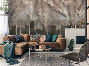 3D Фотообои «Шаль из листьев на геометрическом фоне».