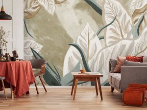 3D Фотообои «Крупные листья с бежевым оттенком».