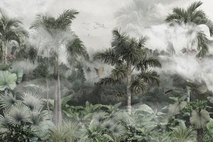 3D Фотообои «Попугаи в туманных тропиках».