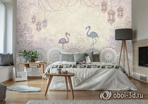 3D Фотообои «Фламинго с восточными мотивами».