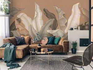 3D Фотообои «Бамбуковые листья с золотом».
