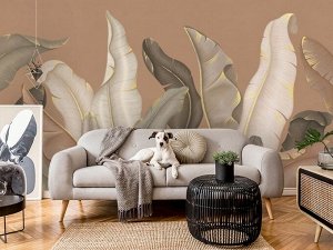 3D Фотообои «Бамбуковые листья с золотом».