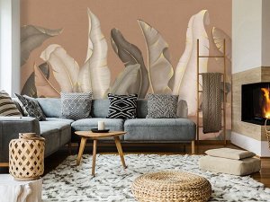 3D Фотообои «Бамбуковые листья с золотом».