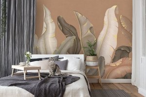 3D Фотообои «Бамбуковые листья с золотом».
