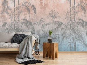 3D Фотообои «Бамбуковые листья на фоне гранж в красно-синих тонах».