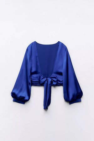 Женская синяя блуза с открытой спиной