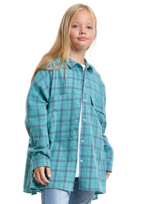 Рубашка для девочки оверсайз (128-146см) UD 8013-1(3) клетка/бирюза