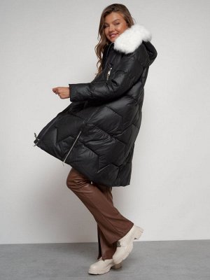 Пальто утепленное с капюшоном зимнее женское черного цвета 13305Ch