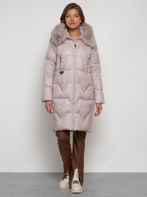 Пальто утепленное с капюшоном зимнее женское светло-коричневого 13305SK