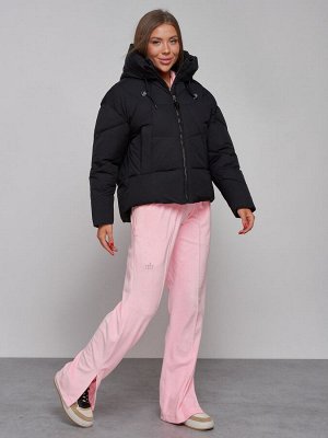 Зимняя женская куртка модная с капюшоном черного цвета 512305Ch