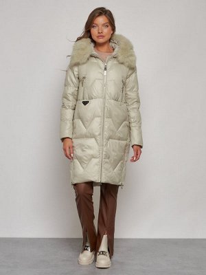 Пальто утепленное с капюшоном зимнее женское светло-зеленого 13305ZS