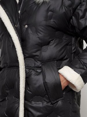 Пальто утепленное с капюшоном зимнее женское черного цвета 132290Ch